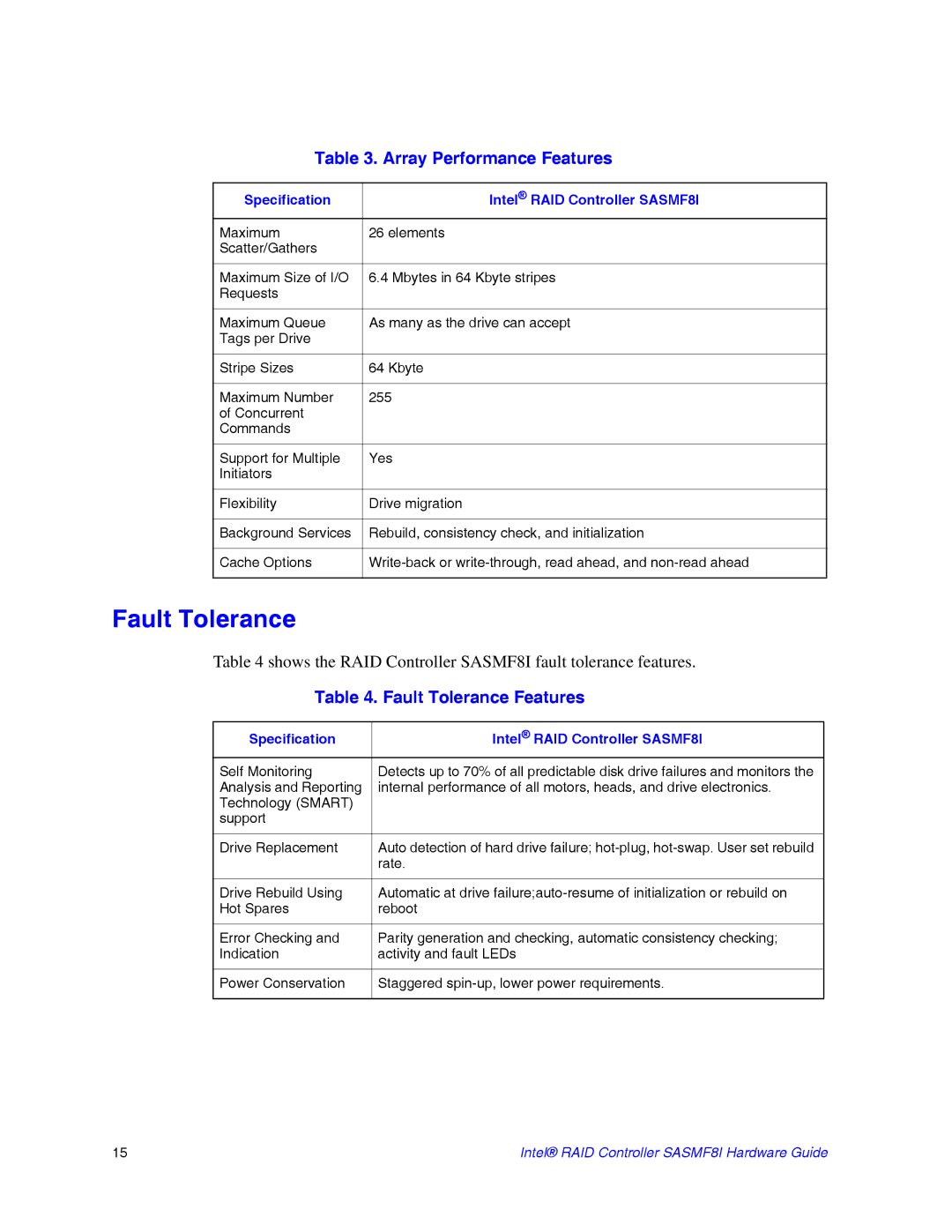 Intel SASMF8I manual Fault Tolerance Features 