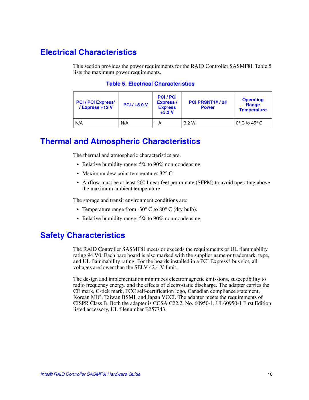 Intel SASMF8I manual Electrical Characteristics, Thermal and Atmospheric Characteristics, Safety Characteristics 