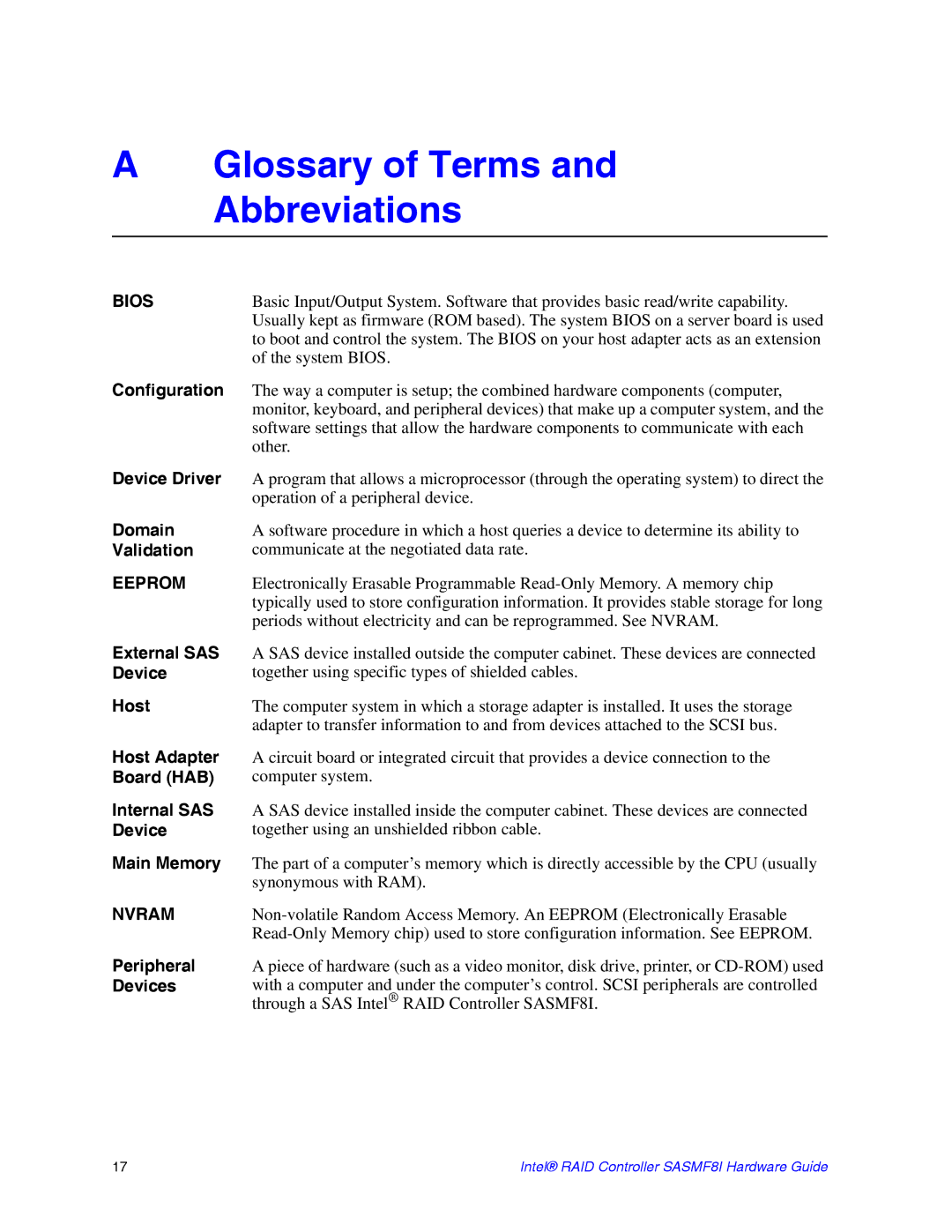 Intel SASMF8I manual Glossary of Terms and Abbreviations, Bios 