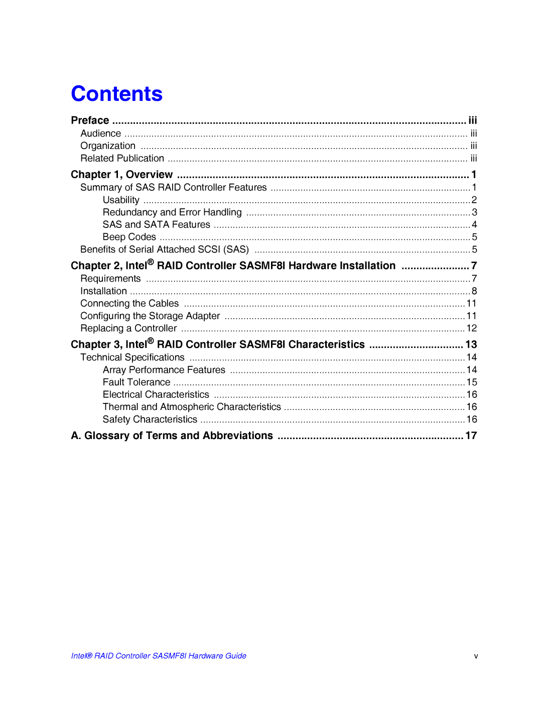 Intel SASMF8I manual Contents 