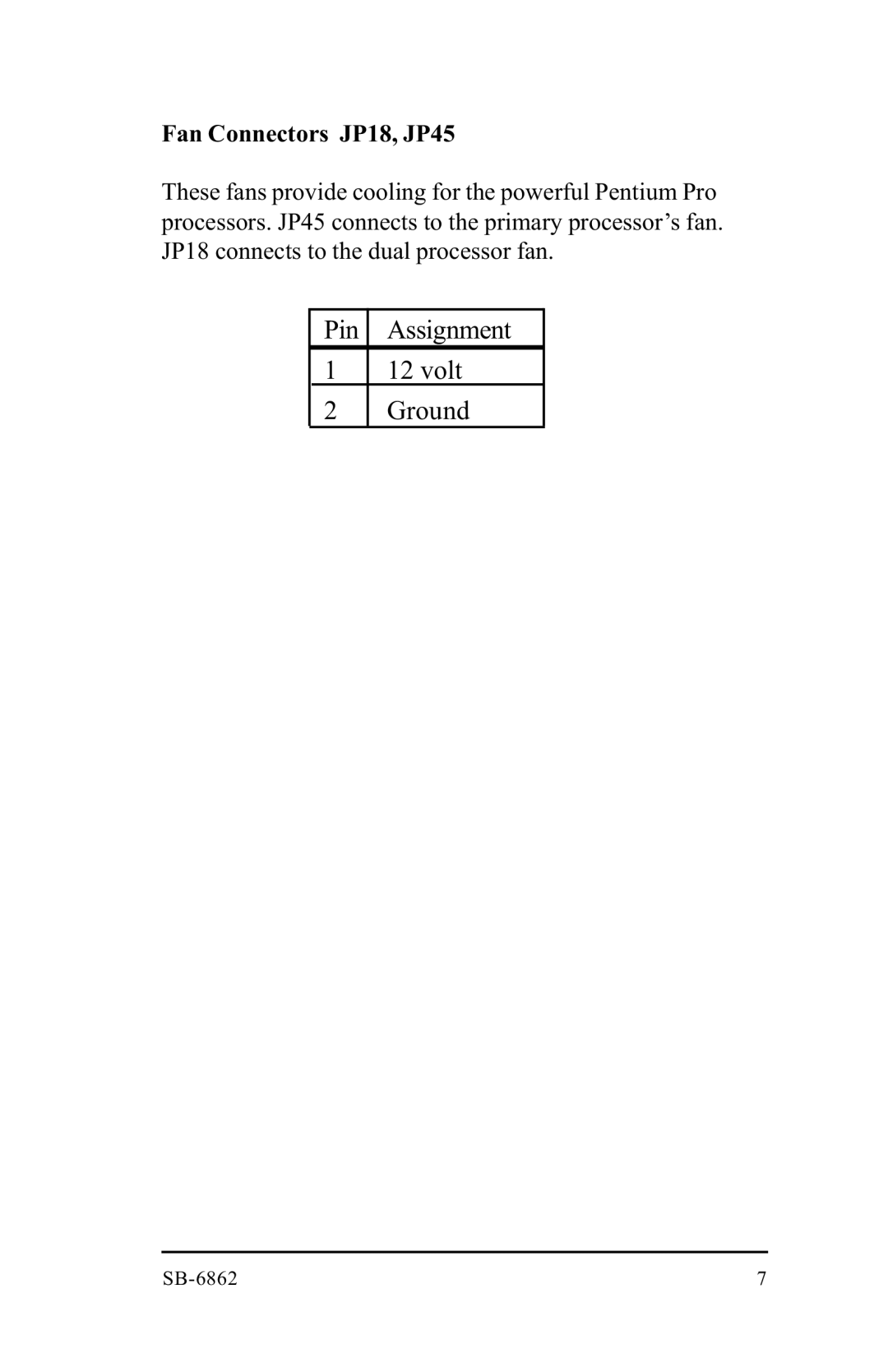 Intel SB-6862 manual Pin Assignment Volt Ground 