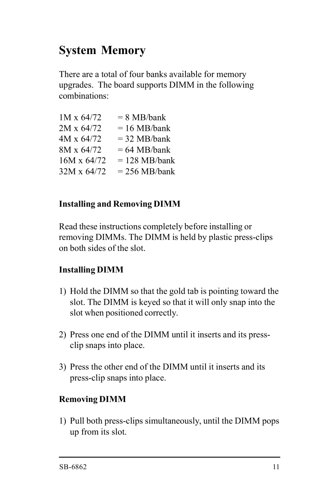 Intel SB-6862 manual System Memory 