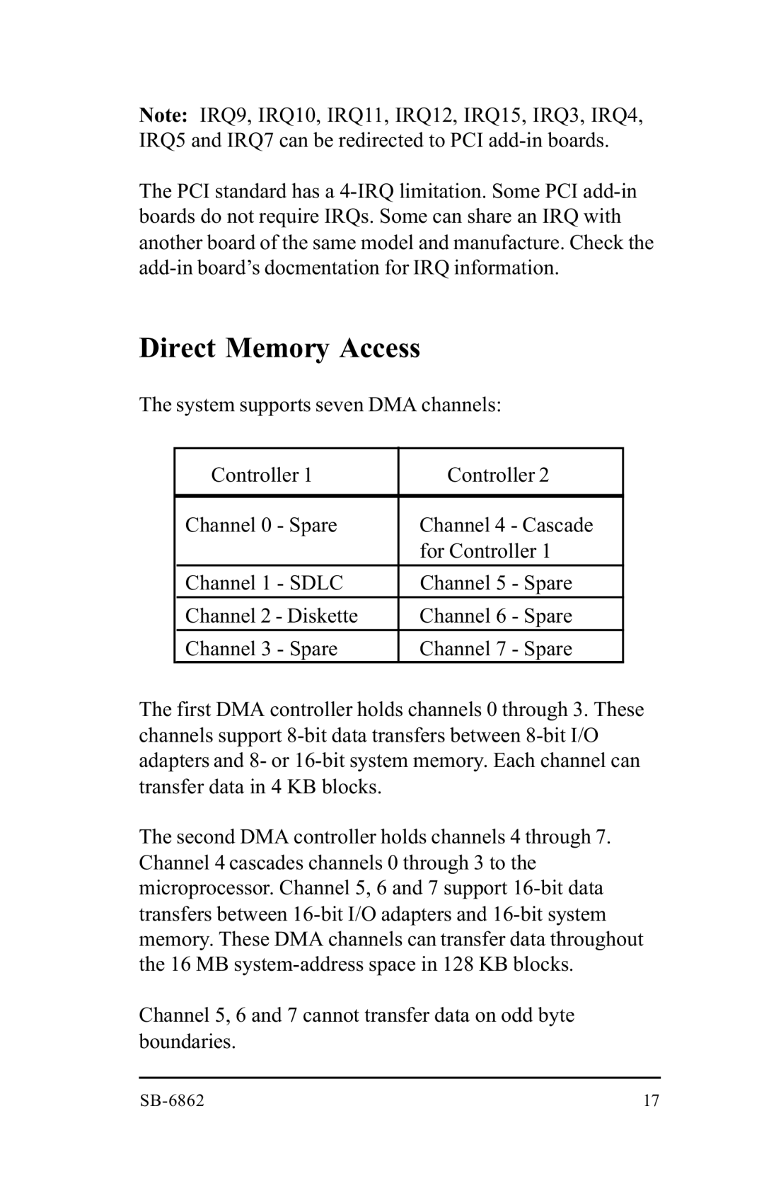 Intel SB-6862 manual Direct Memory Access 