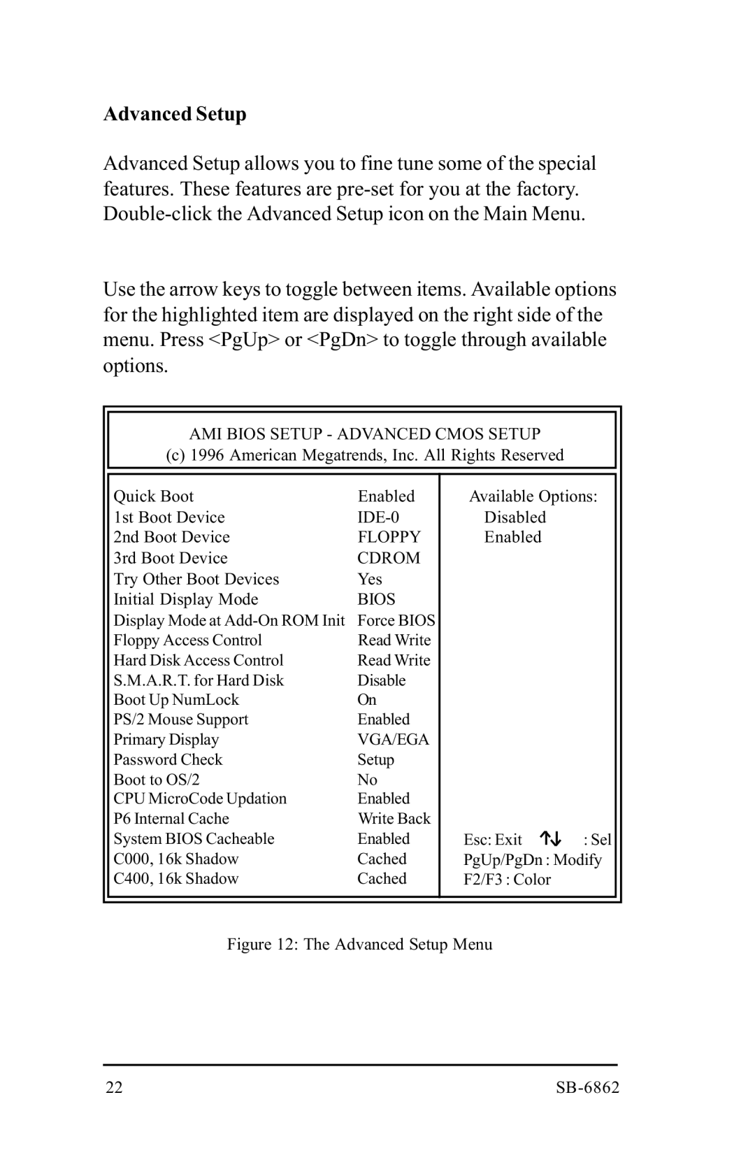 Intel SB-6862 manual AMI Bios Setup Advanced Cmos Setup, IDE-0, Floppy, Cdrom, Vga/Ega 