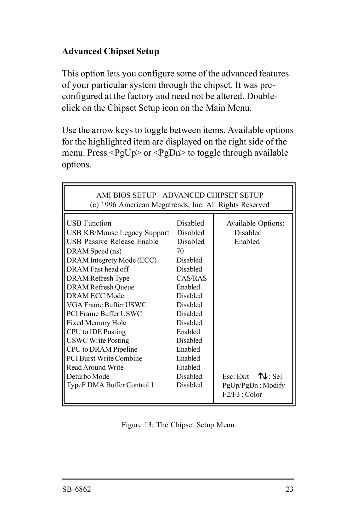 Intel manual AMI Bios Setup Advanced Chipset Setup, Chipset Setup Menu SB-6862 