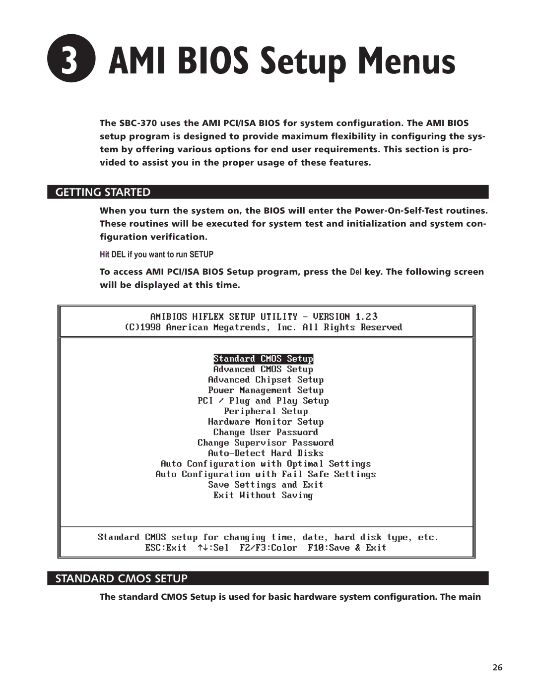 Intel SBC-370 manual Getting Started, Standard Cmos Setup 