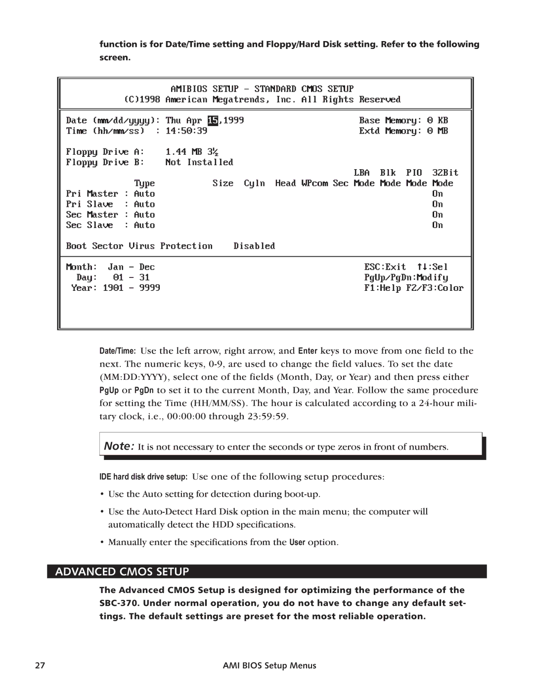 Intel SBC-370 manual Advanced Cmos Setup 