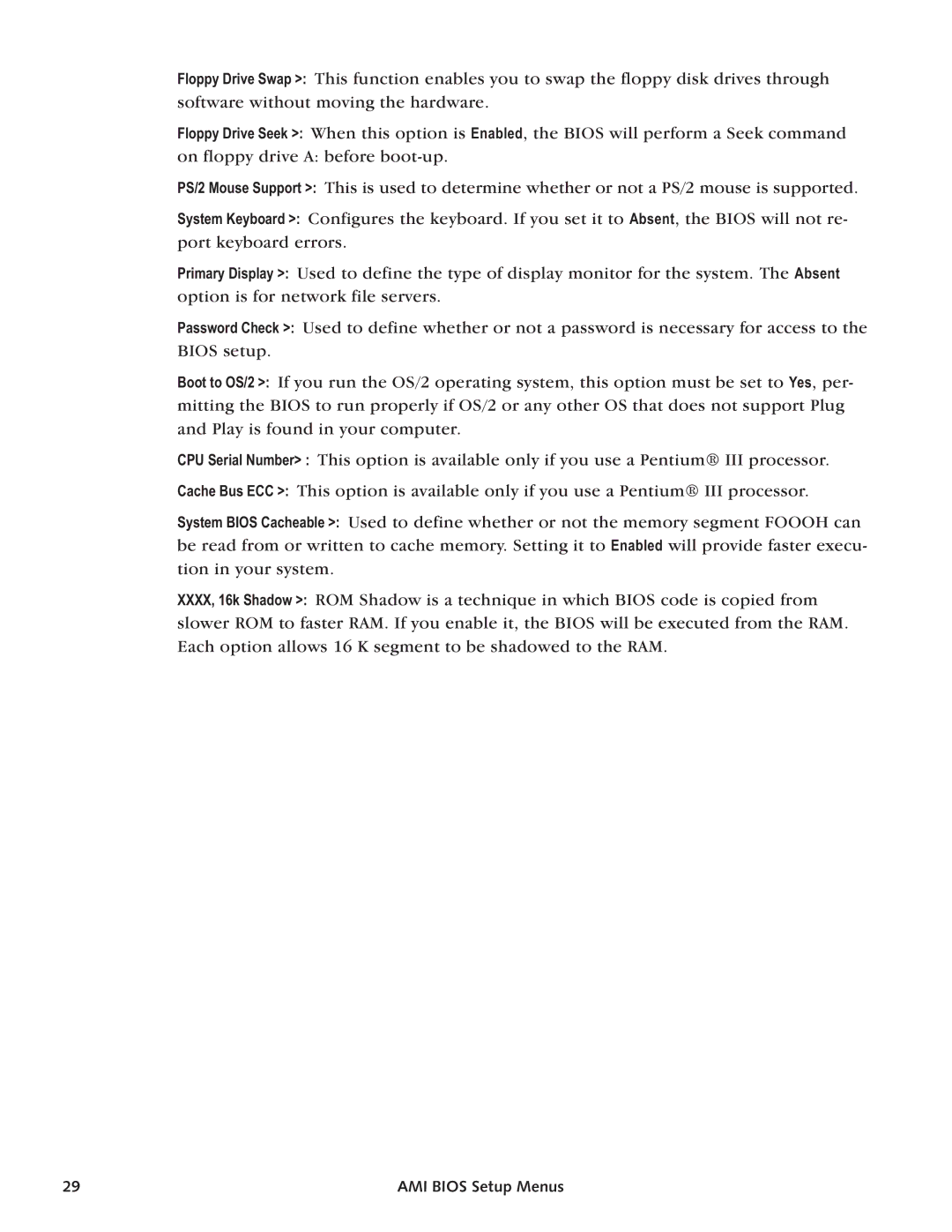 Intel SBC-370 manual AMI Bios Setup Menus 