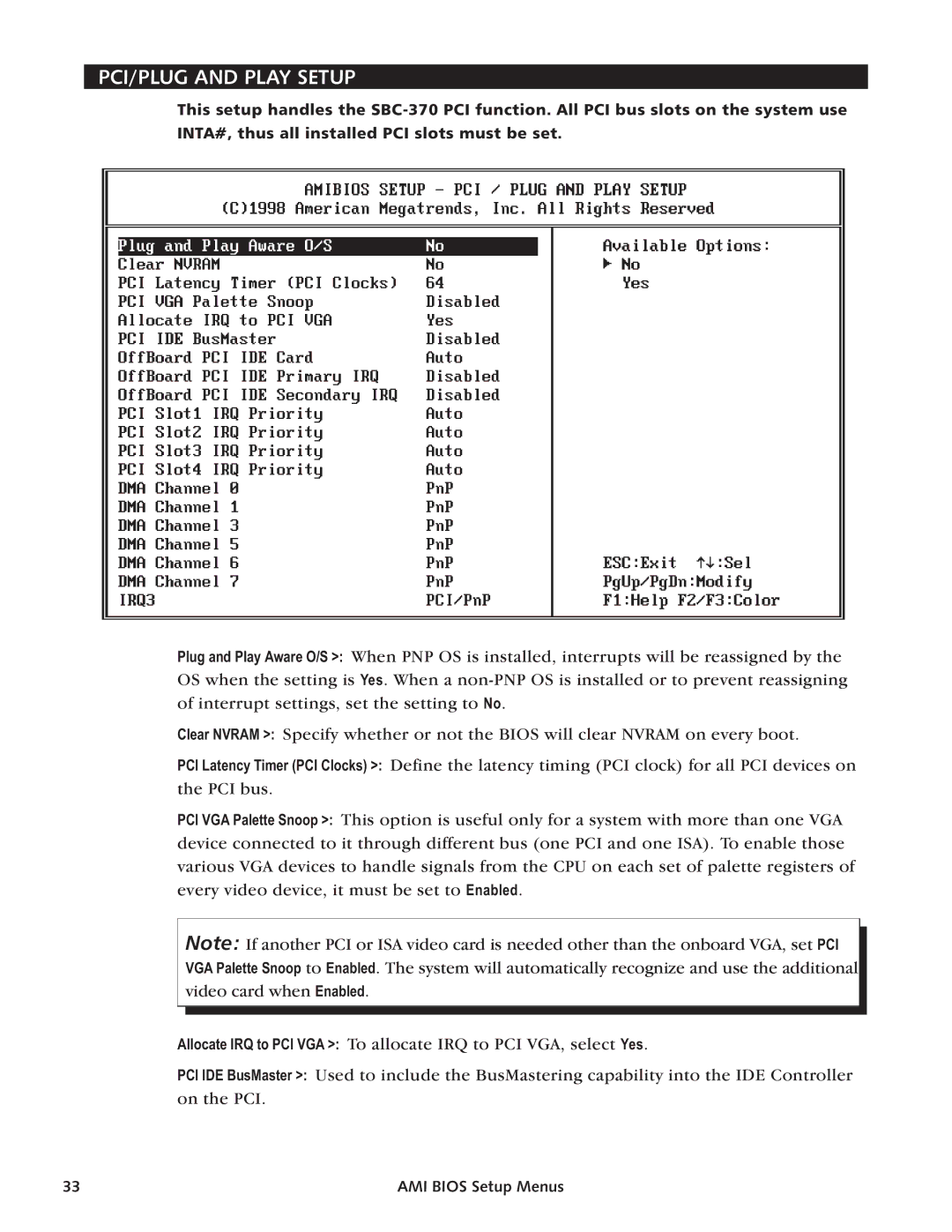 Intel SBC-370 manual PCI/PLUG and Play Setup 