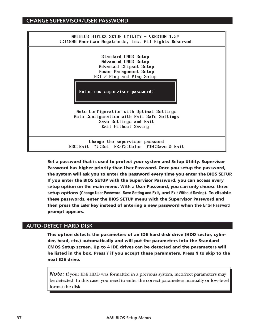 Intel SBC-370 manual Change SUPERVISOR/USER Password, AUTO-DETECT Hard Disk 