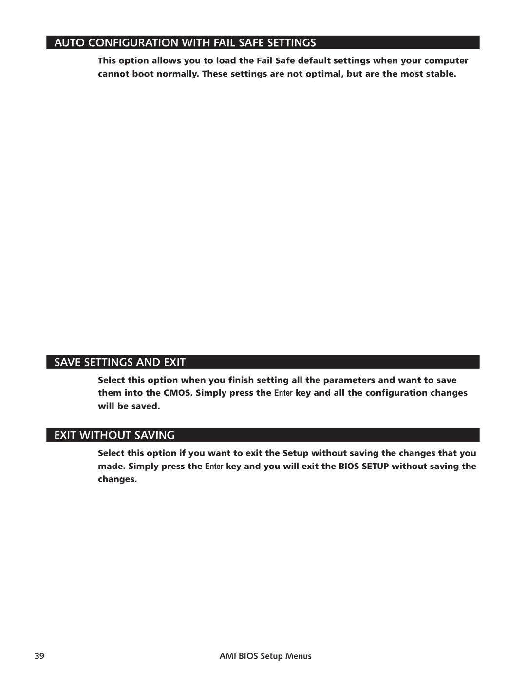 Intel SBC-370 manual Auto Configuration with Fail Safe Settings, Save Settings and Exit, Exit Without Saving 