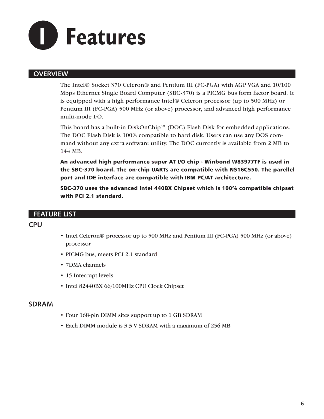 Intel SBC-370 manual Overview, Feature List 