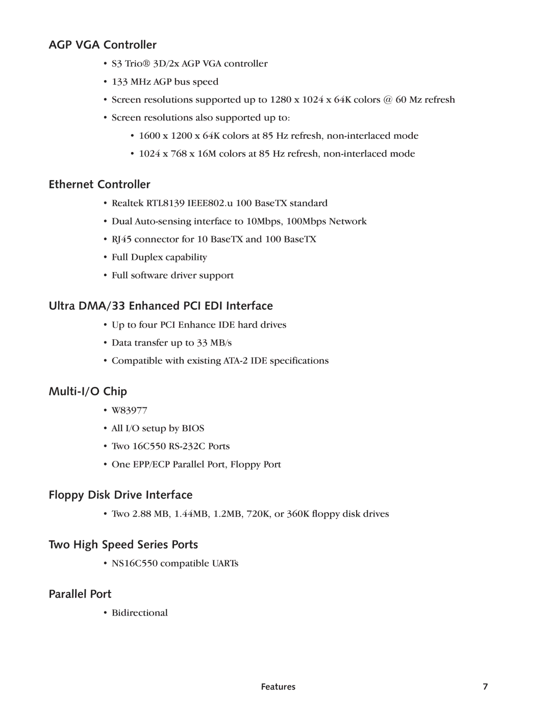 Intel SBC-370 manual AGP VGA Controller, Ethernet Controller, Ultra DMA/33 Enhanced PCI EDI Interface, Multi-I/O Chip 