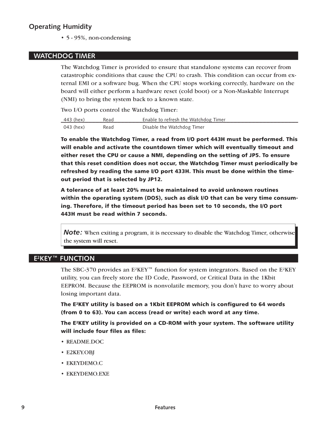 Intel SBC-370 manual Operating Humidity, Watchdog Timer, E2KEY Function 