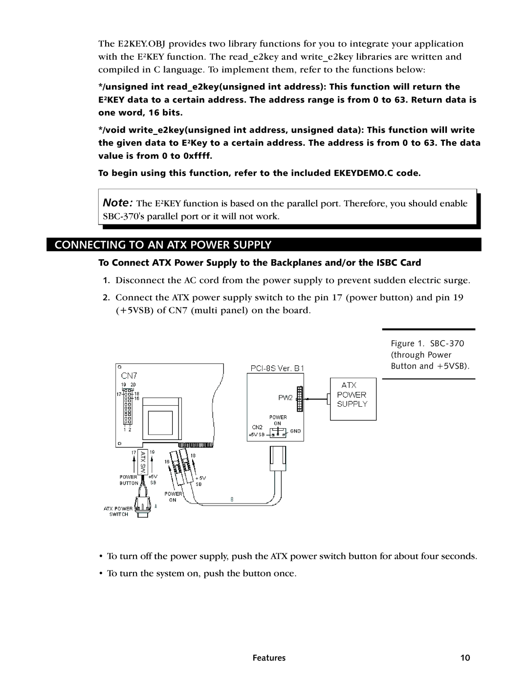 Intel manual Connecting to AN ATX Power Supply, SBC-370 through Power Button and +5VSB 