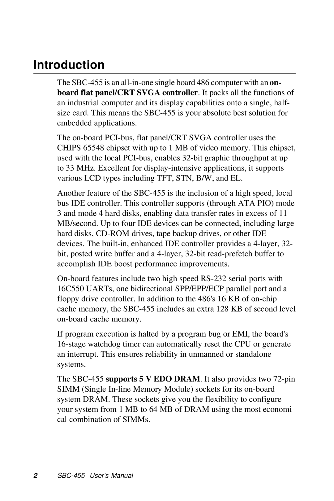 Intel SBC-455 manual Introduction 