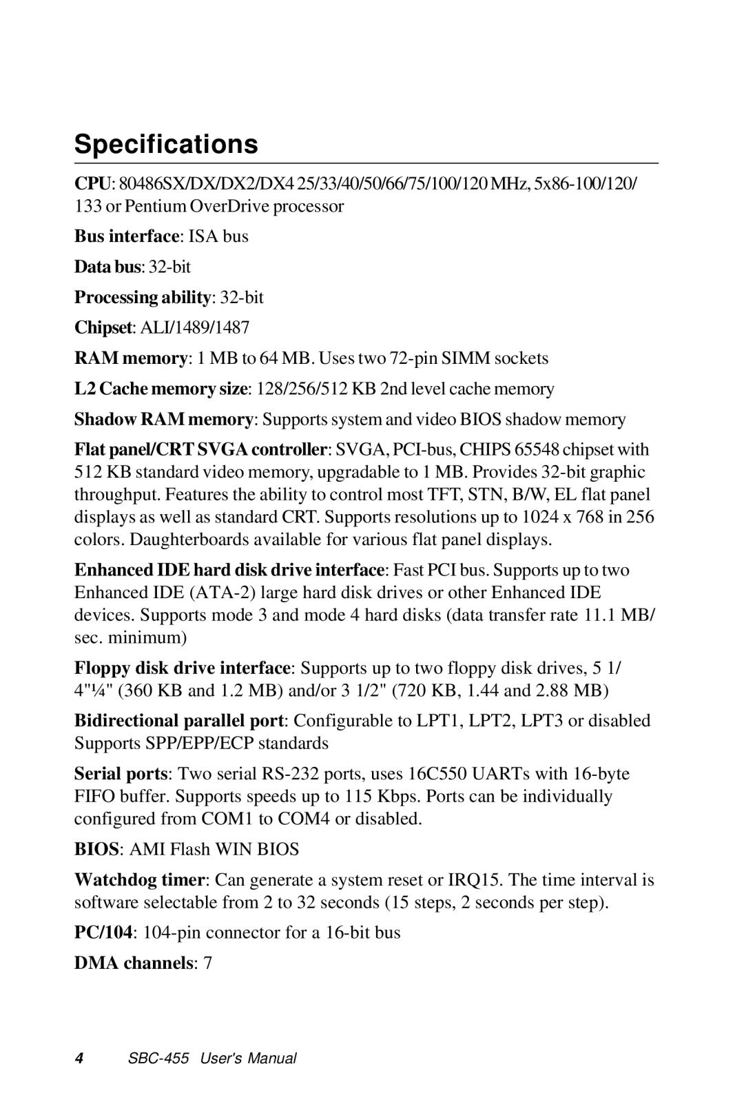 Intel SBC-455 manual Specifications 