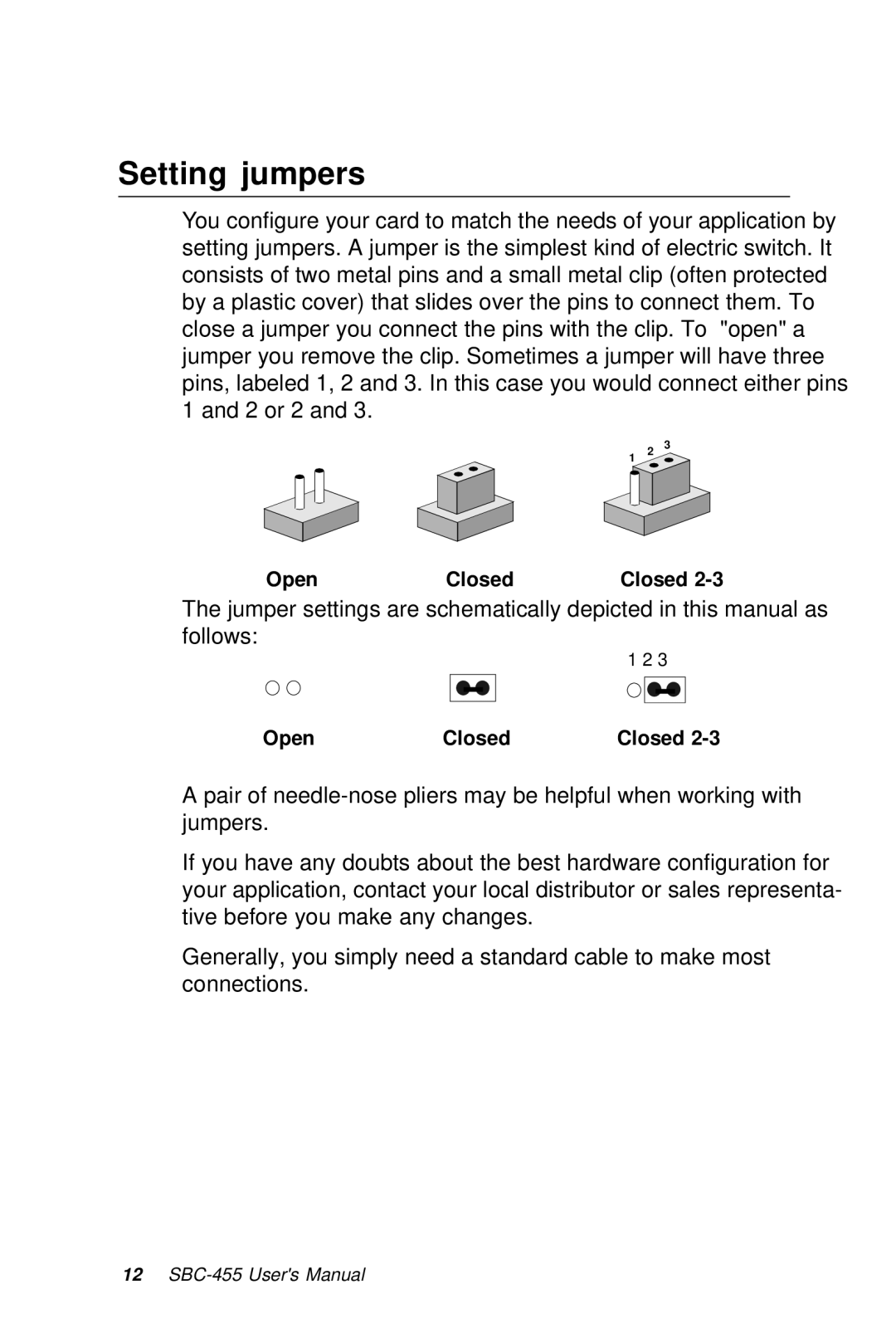 Intel SBC-455 manual Setting jumpers 