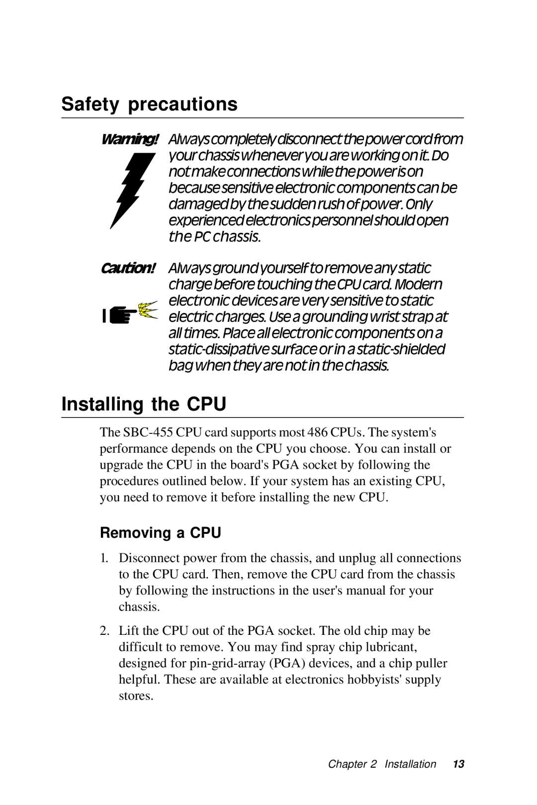 Intel SBC-455 manual Safety precautions, Installing the CPU, Removing a CPU 