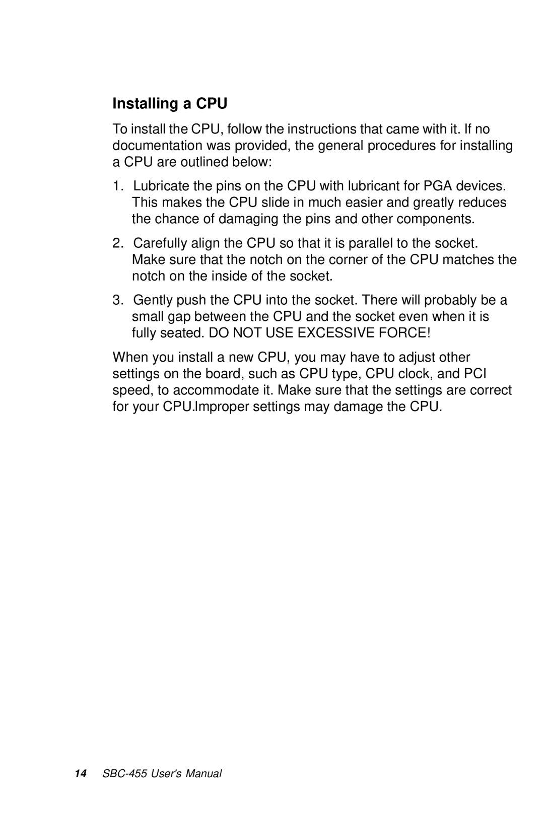 Intel SBC-455 manual Installing a CPU 