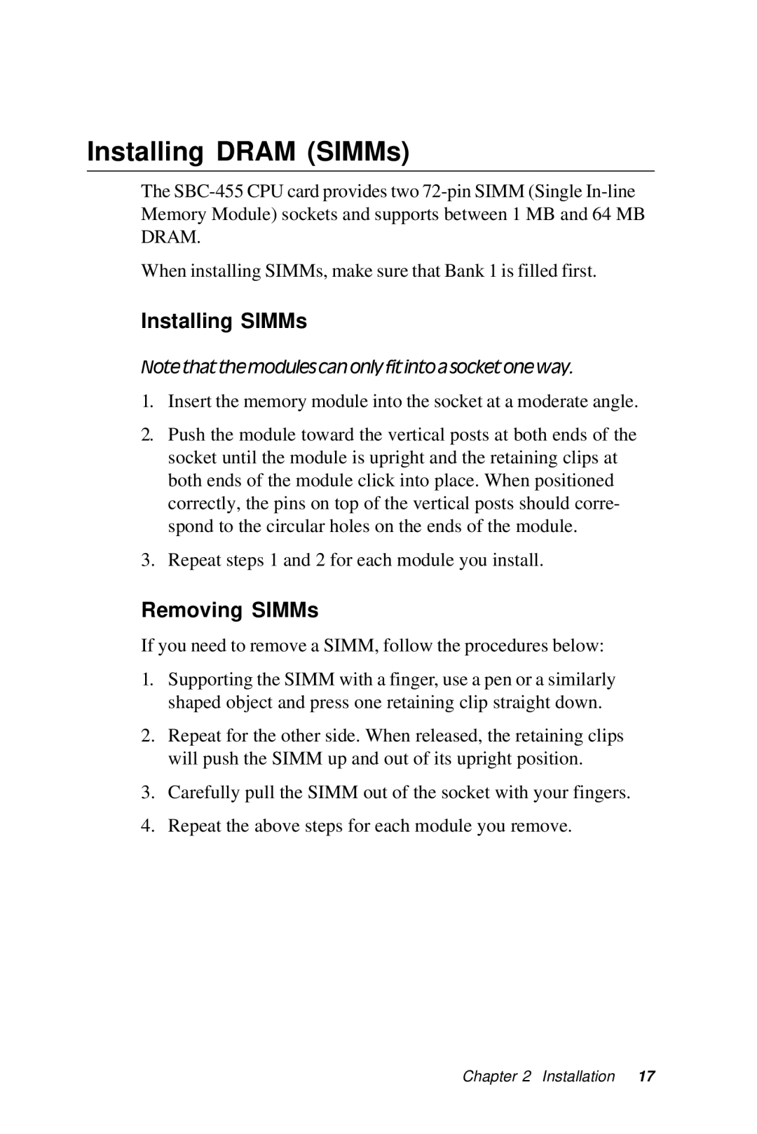 Intel SBC-455 manual Installing Dram SIMMs, Installing SIMMs, Removing SIMMs 