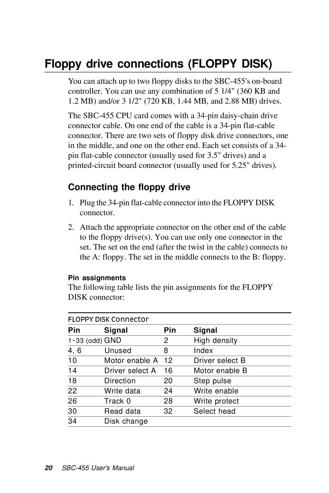 Intel SBC-455 manual Floppy drive connections Floppy Disk, Connecting the floppy drive 