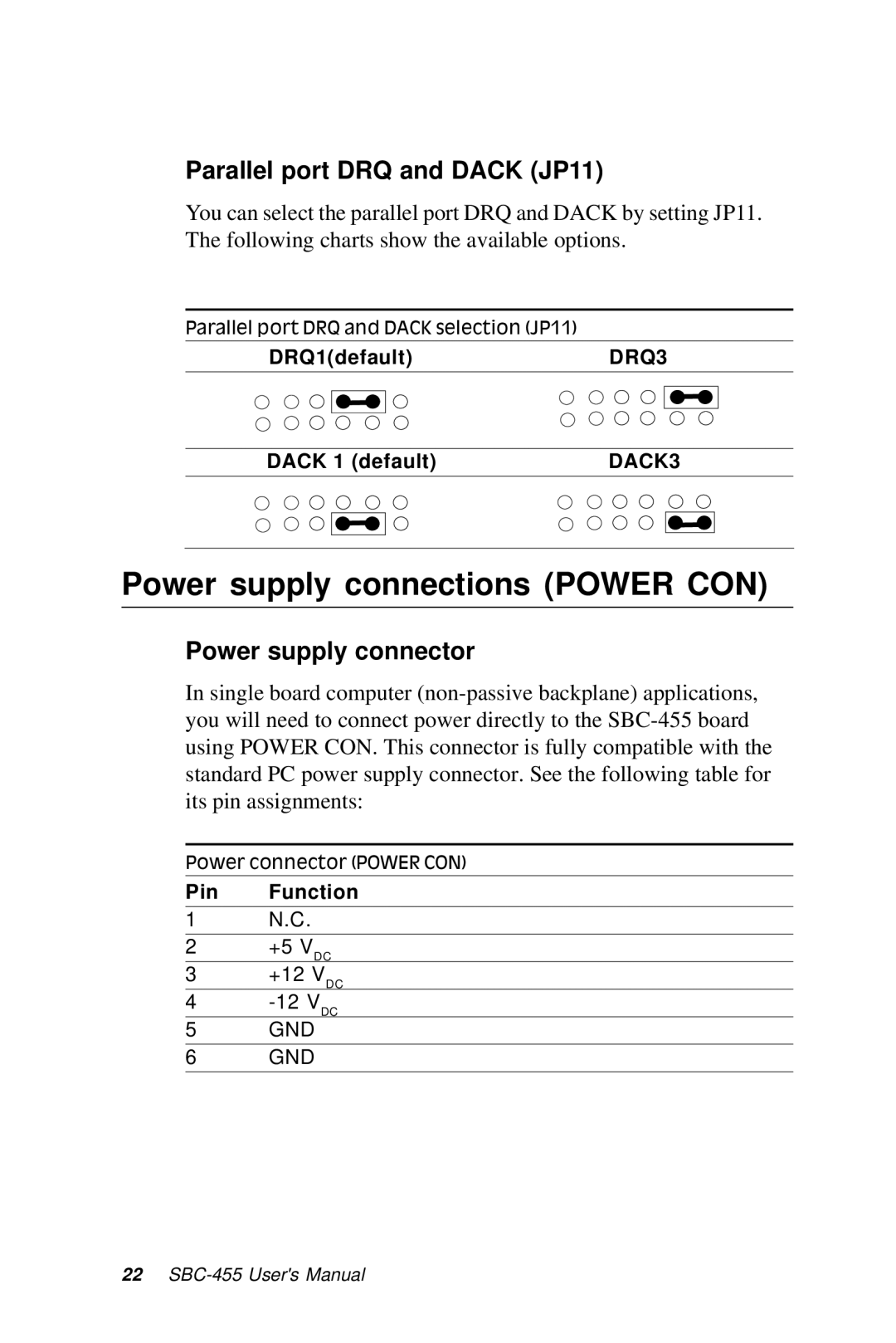 Intel SBC-455 manual Power supply connections Power CON, Parallel port DRQ and Dack JP11, Power supply connector 