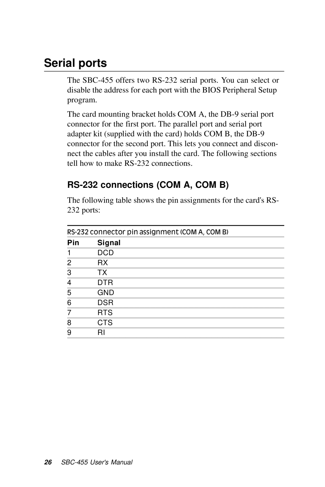 Intel SBC-455 manual Serial ports, RS-232 connections COM A, COM B 