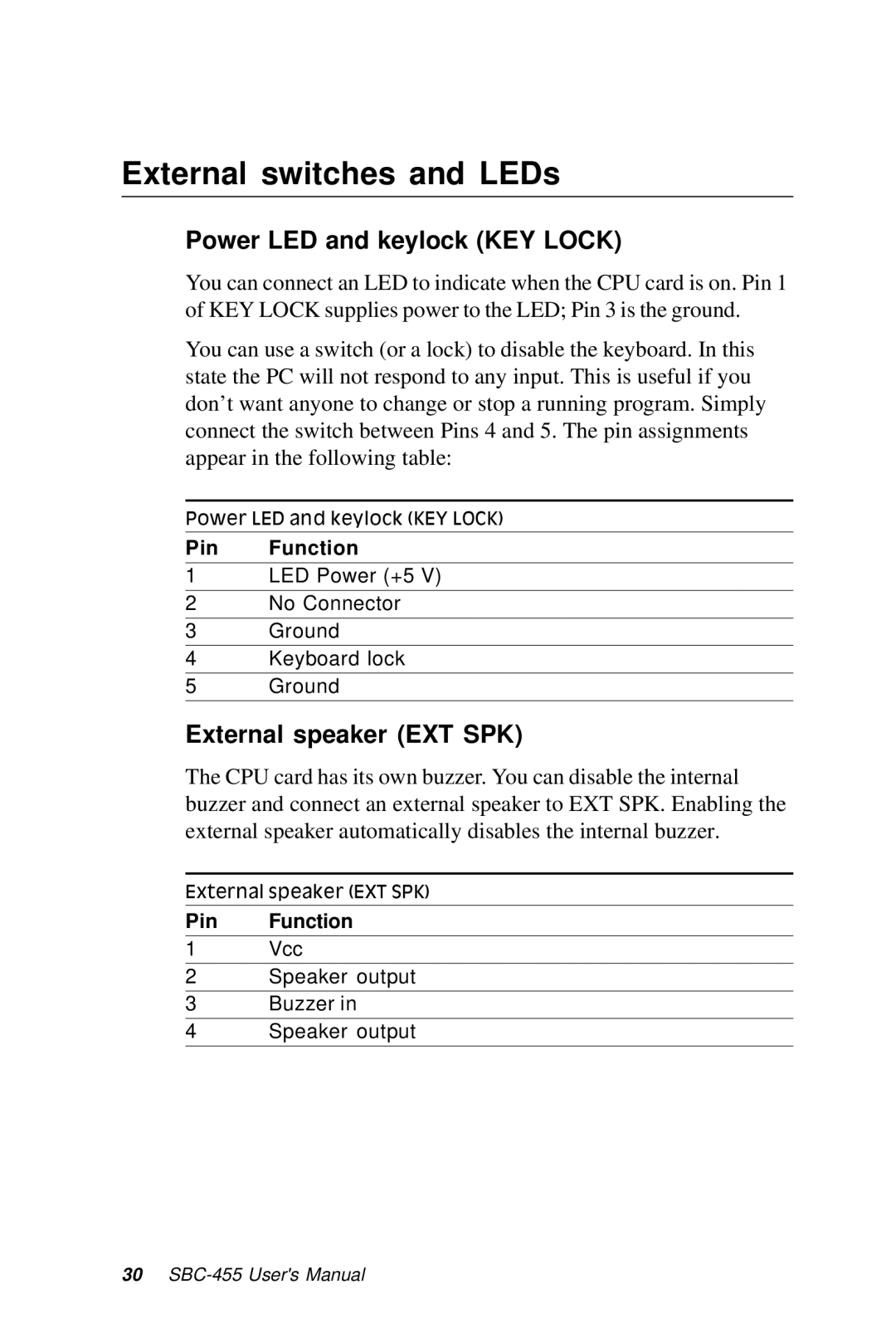 Intel SBC-455 manual External switches and LEDs, Power LED and keylock KEY Lock, External speaker EXT SPK 