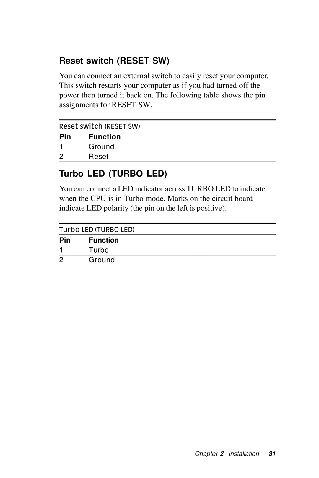 Intel SBC-455 manual Reset switch Reset SW, Turbo LED Turbo LED 