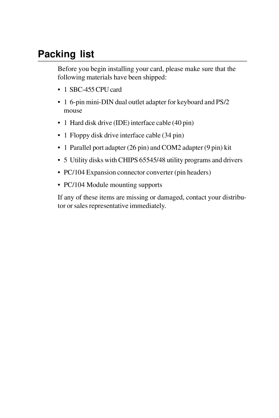 Intel SBC-455 manual Packing list 