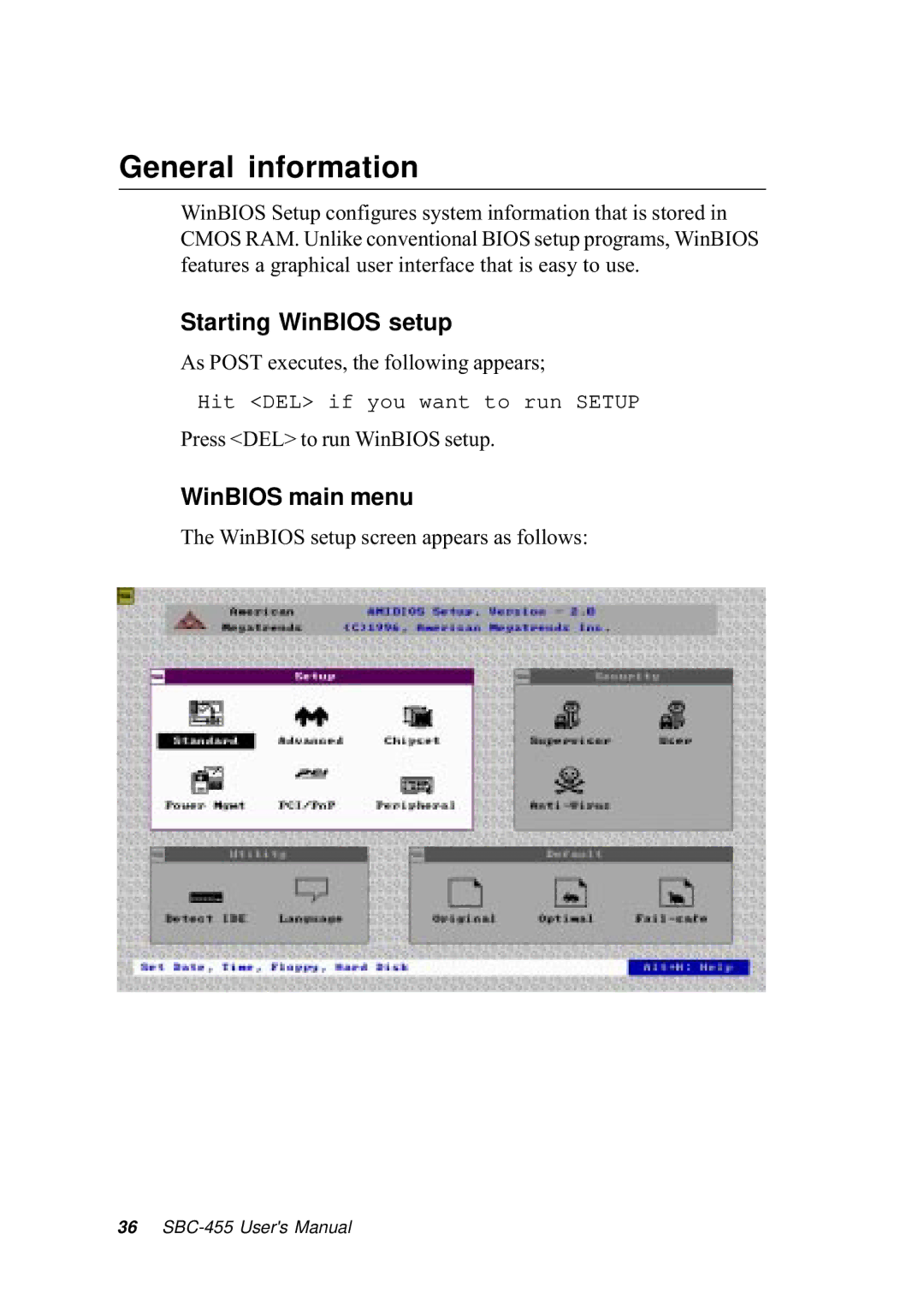 Intel SBC-455 manual Starting WinBIOS setup, WinBIOS main menu 