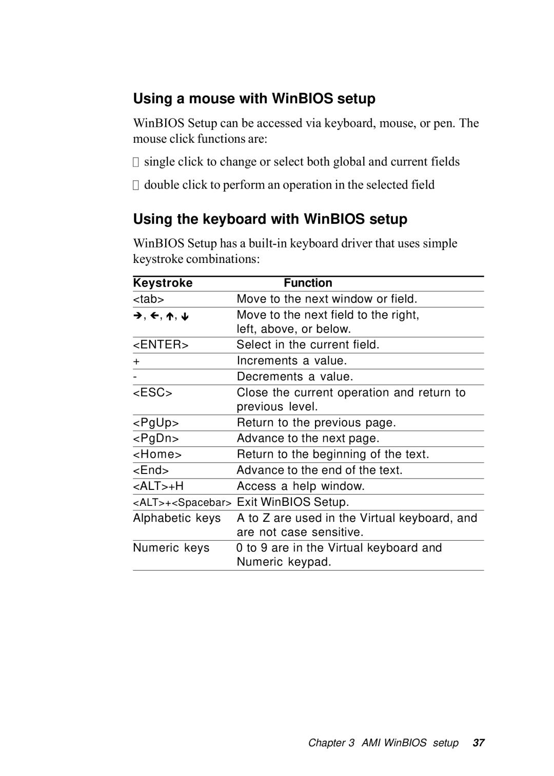 Intel SBC-455 manual Using a mouse with WinBIOS setup, Using the keyboard with WinBIOS setup 