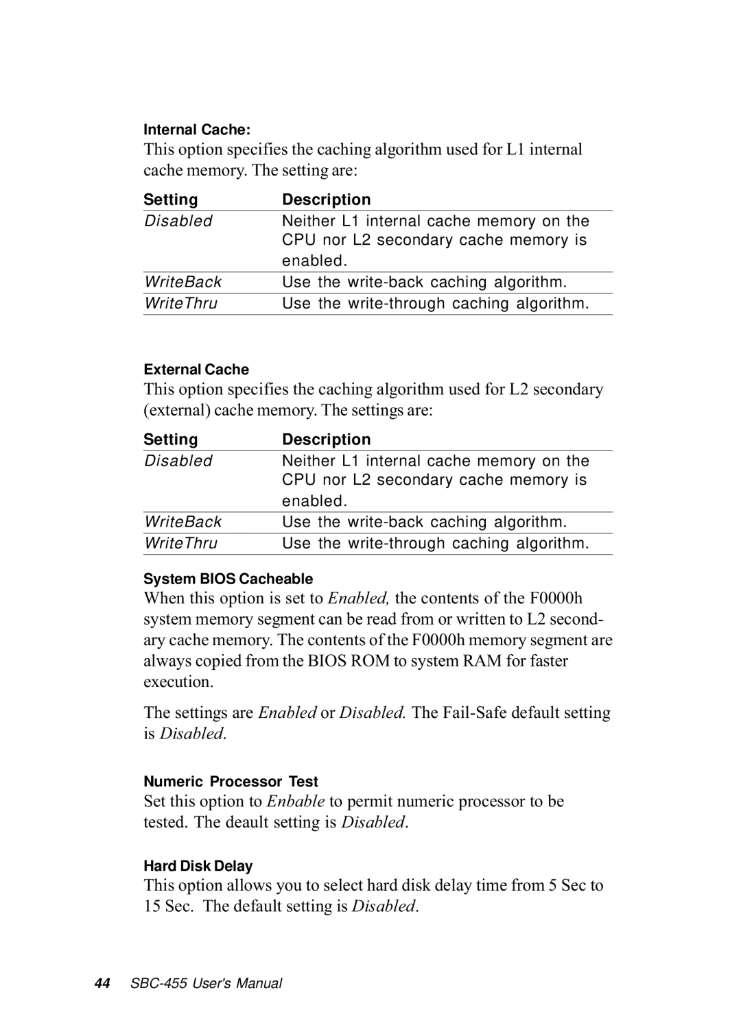 Intel SBC-455 manual SettingDescription 