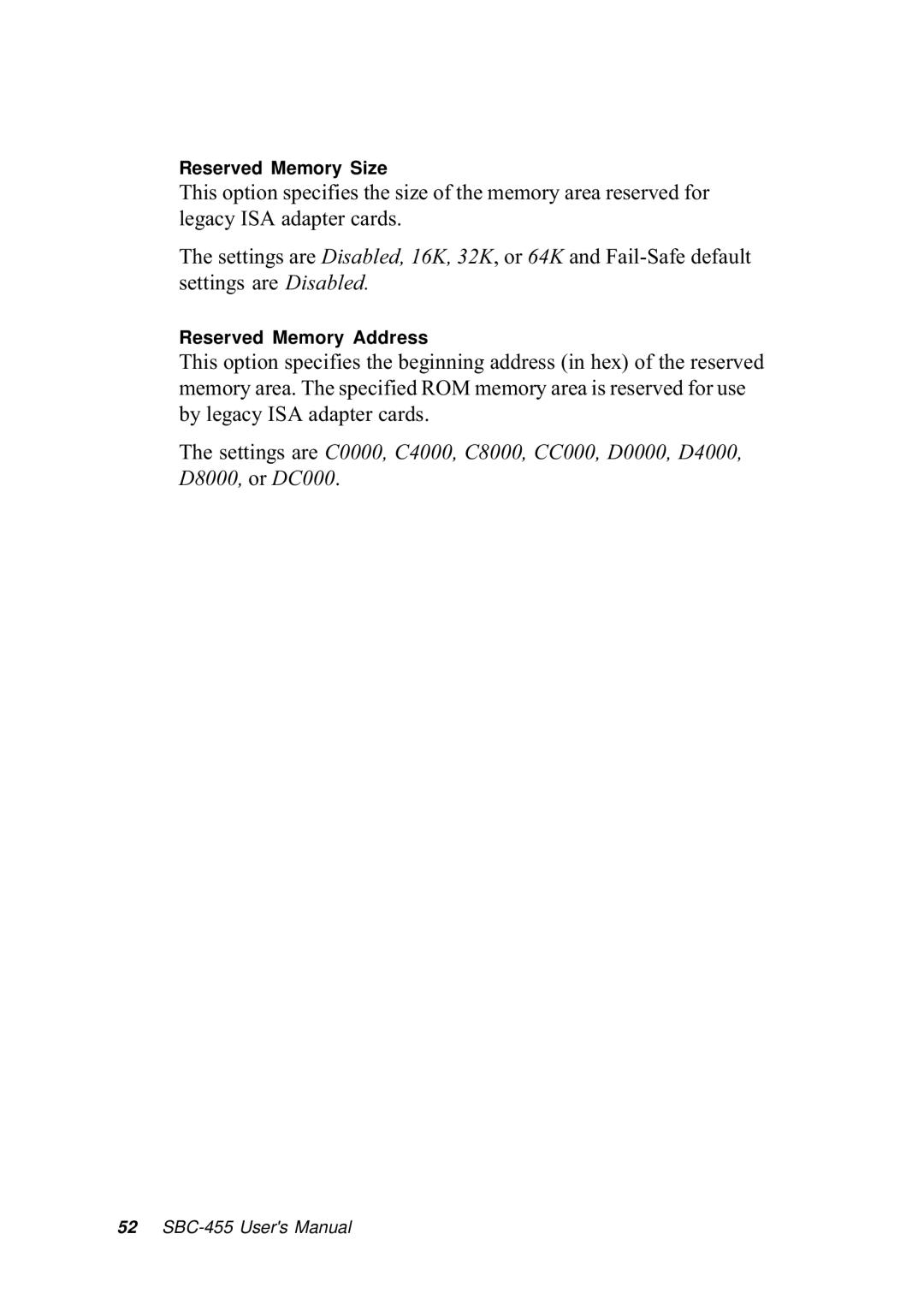 Intel SBC-455 manual Reserved Memory Size 