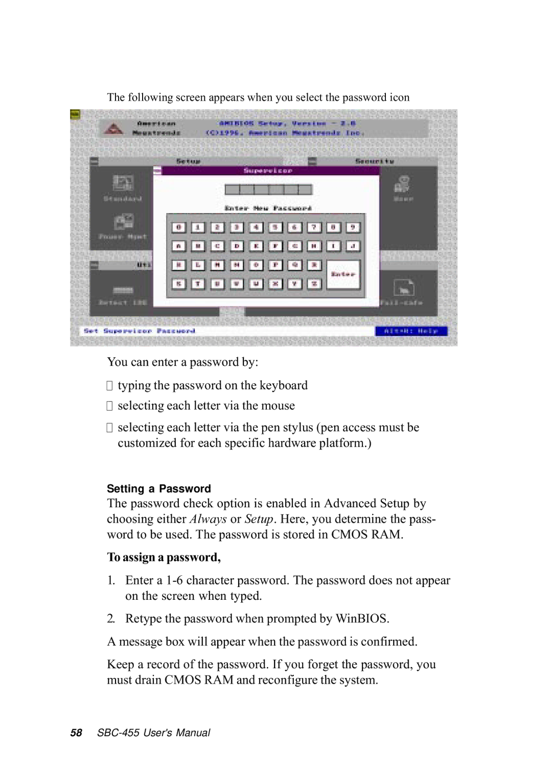 Intel SBC-455 manual Following screen appears when you select the password icon 