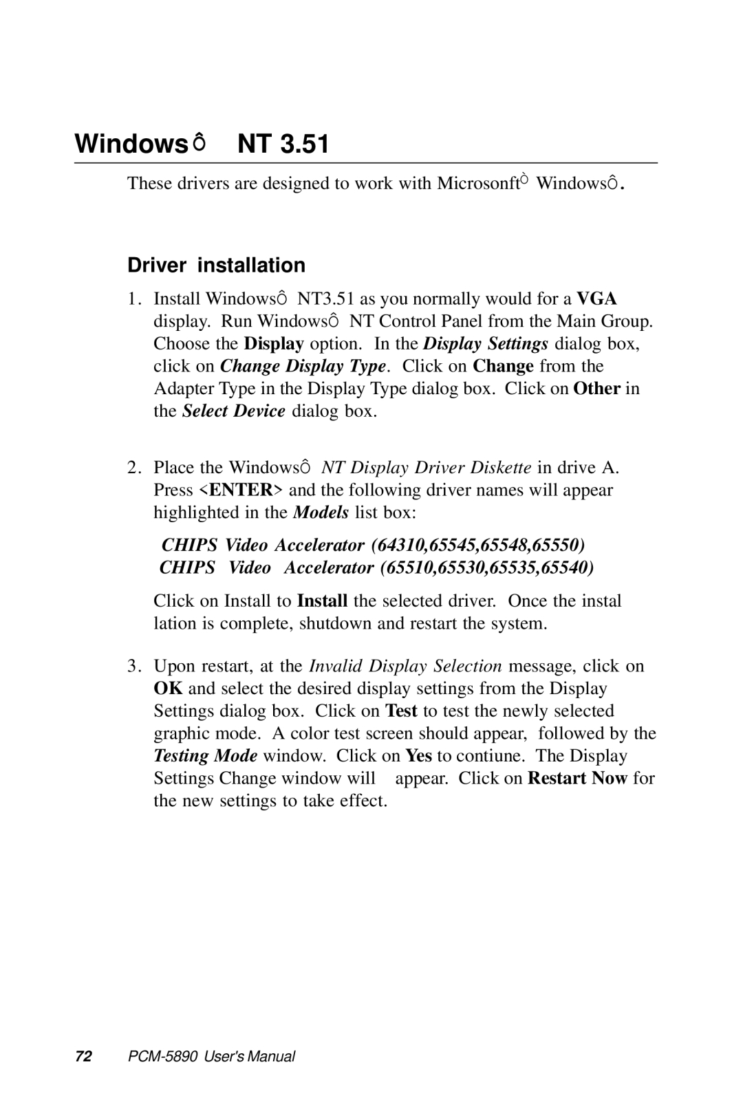 Intel SBC-455 manual Windows Ô NT, Driver installation 