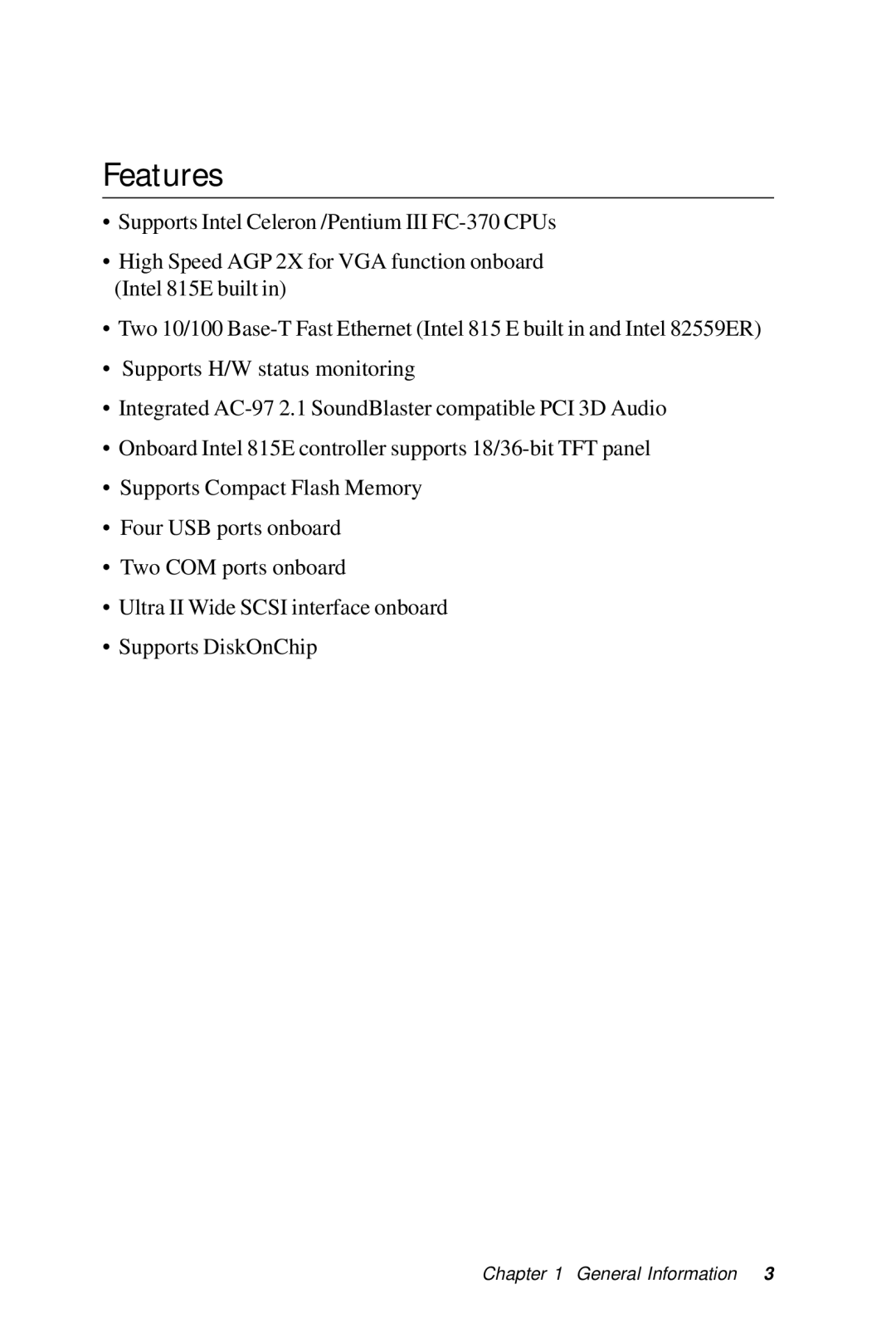 Intel SBC-776 manual Features 