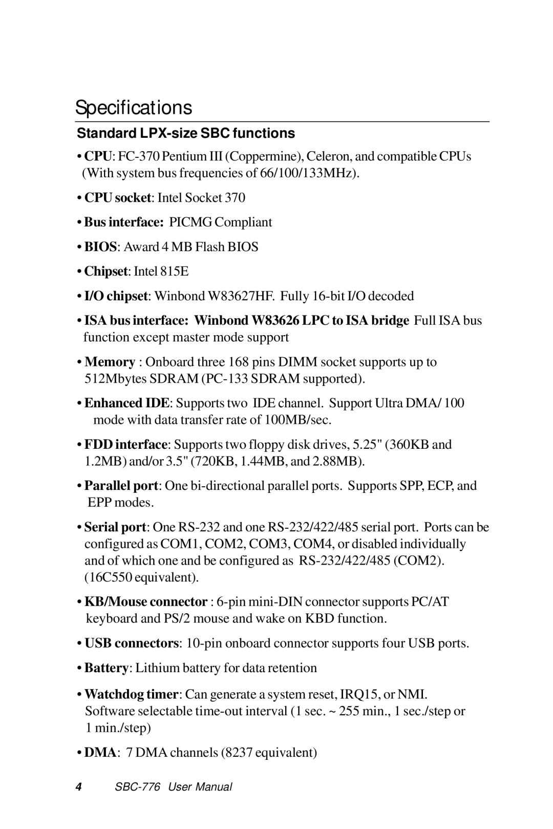 Intel SBC-776 manual Specifications, Standard LPX-size SBC functions 