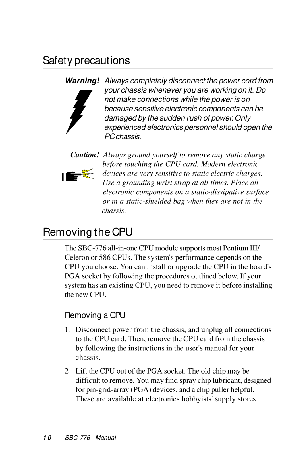 Intel SBC-776 manual Safetyprecautions, RemovingtheCPU 