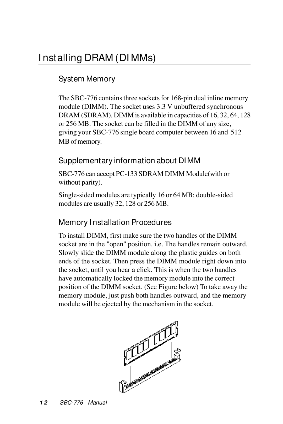 Intel SBC-776 manual Installing Dram DIMMs, SystemMemory 