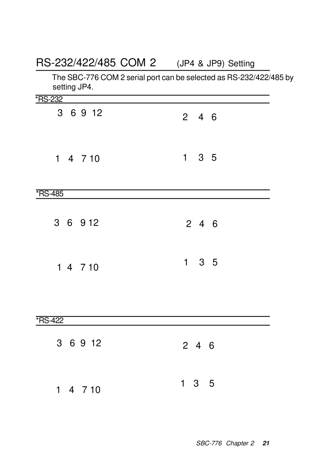 Intel SBC-776 manual RS-232/422/485 COM 2 JP4 & JP9 Setting 