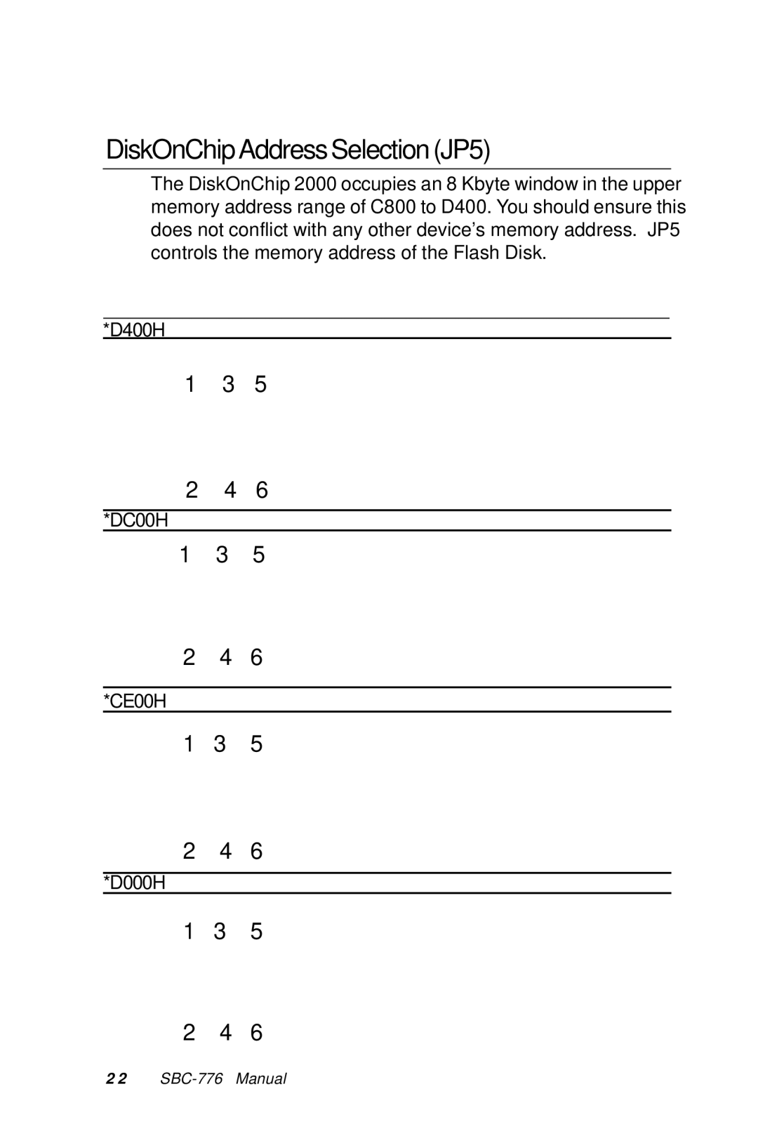 Intel SBC-776 manual DiskOnChipAddressSelectionJP5 