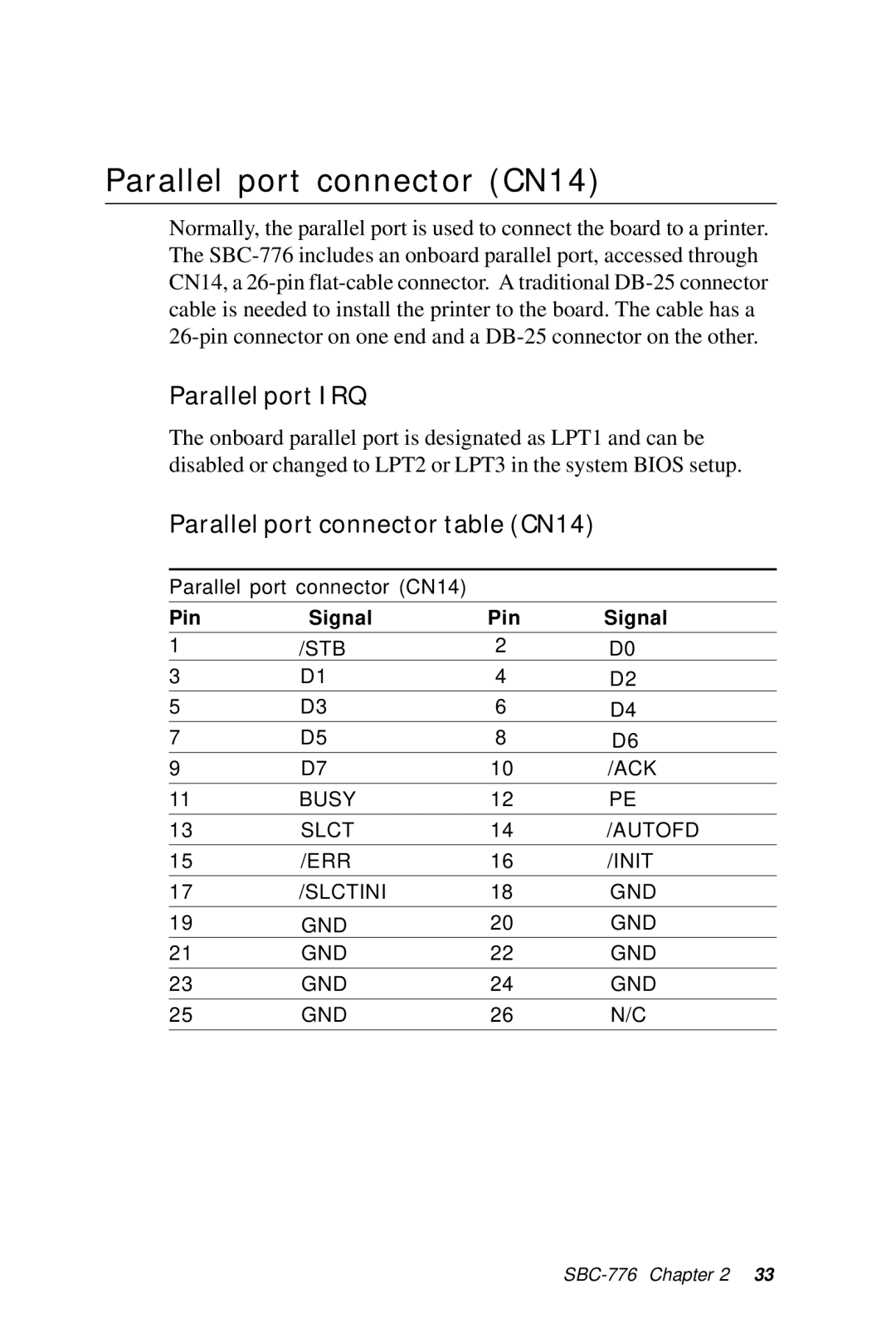 Intel SBC-776 manual Parallel port connector CN14, Parallel port IRQ 