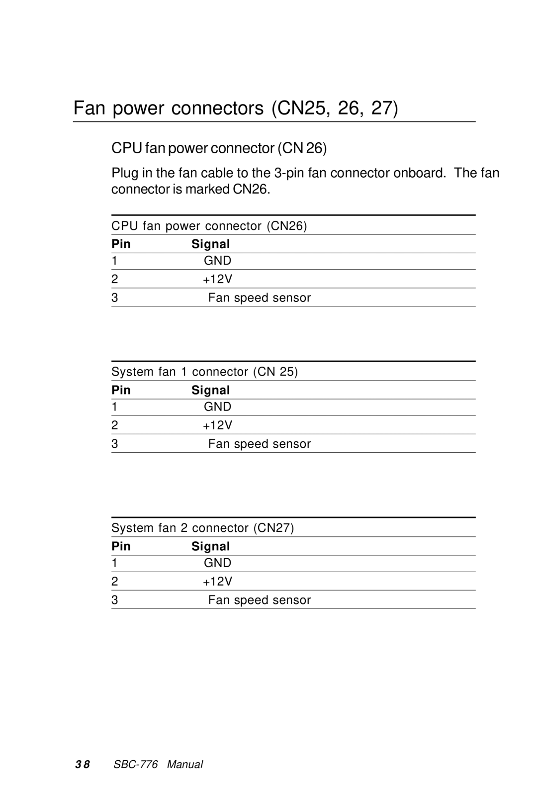 Intel SBC-776 manual Fan power connectors CN25, 26, CPU fan power connector CN 