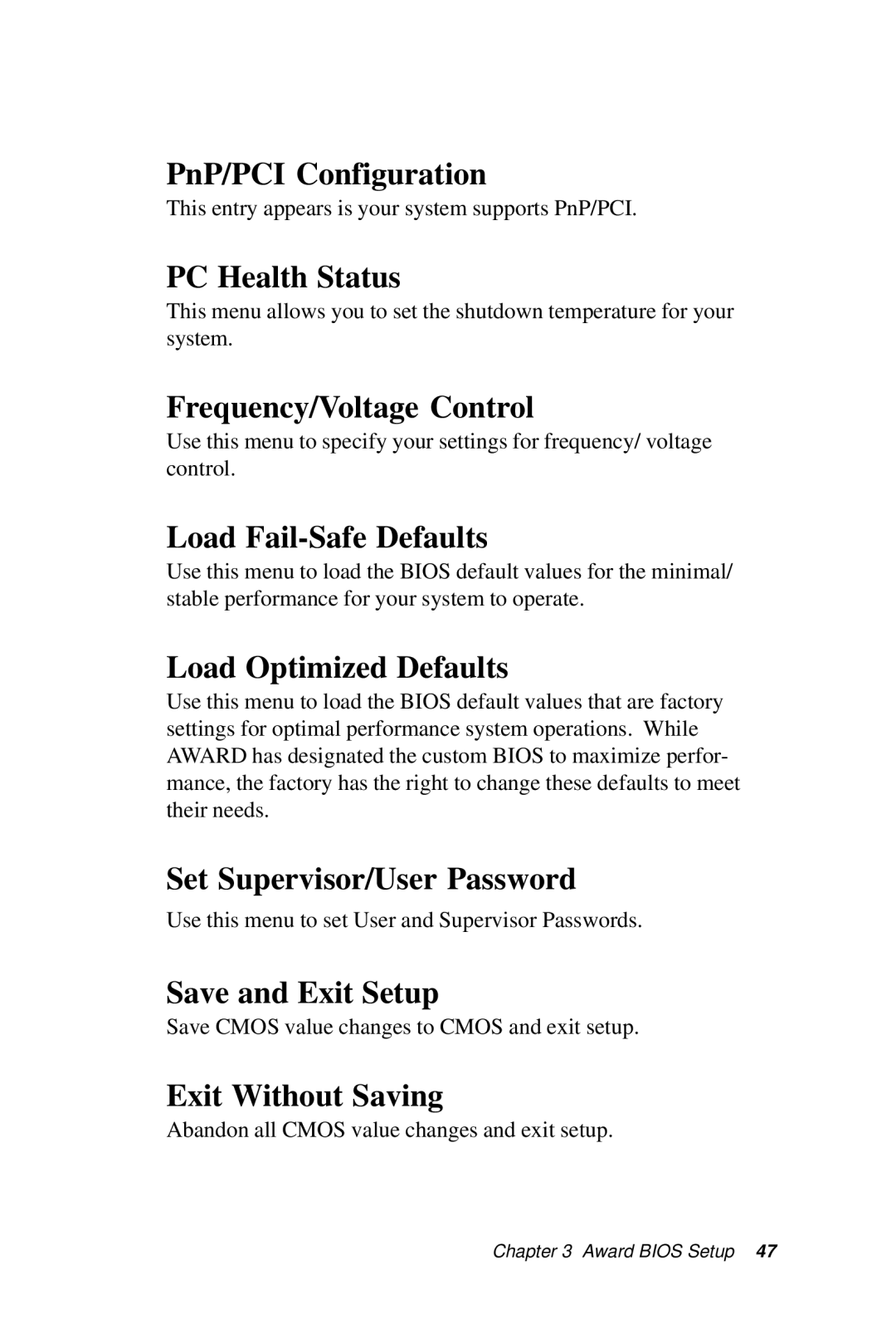 Intel SBC-776 manual PnP/PCI Configuration, PC Health Status, Frequency/Voltage Control, Load Fail-Safe Defaults 