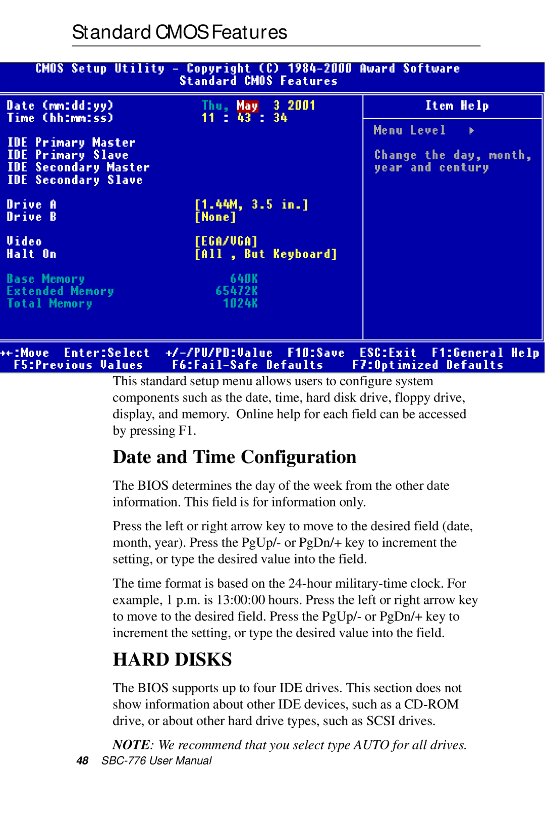 Intel SBC-776 manual StandardCMOSFeatures, Date and Time Configuration 