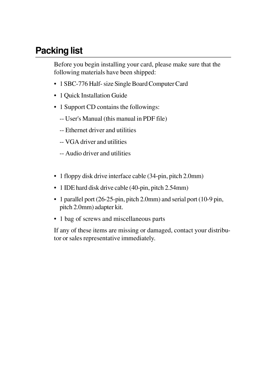 Intel SBC-776 manual Packing list 