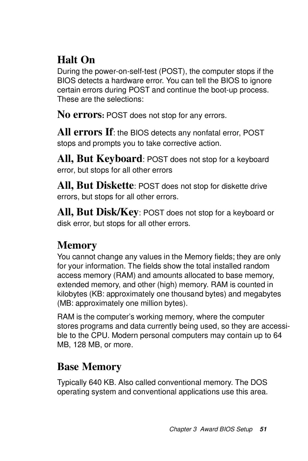 Intel SBC-776 manual Halt On, Base Memory 