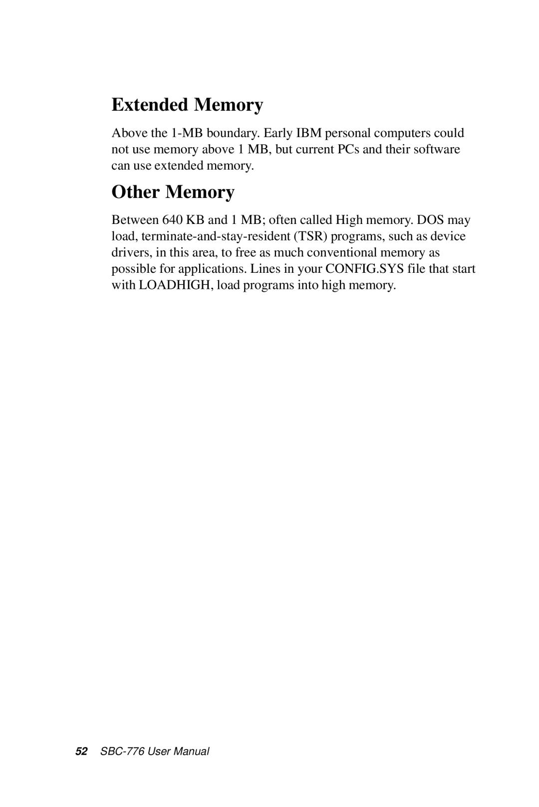 Intel SBC-776 manual Extended Memory, Other Memory 